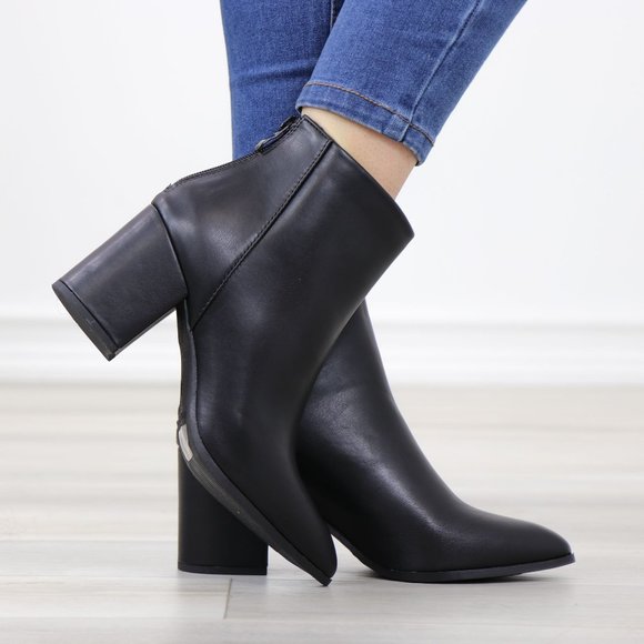 Block Low Heel Above Ankle Boots Pointed Toes Black Synthetic Leather - Picture 7 of 12
